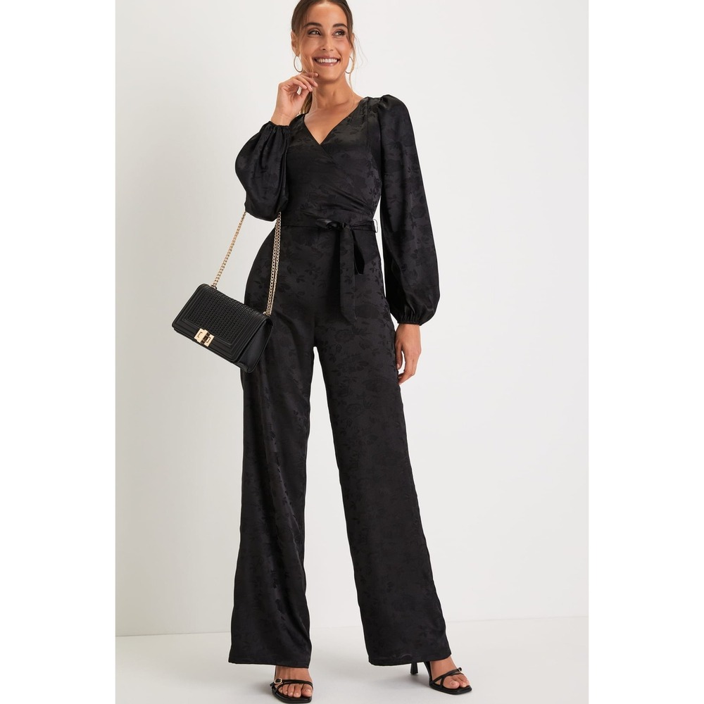 Lulus Classy Charisma Jumpsuit L Black Floral Jacquard Wide Leg Dark Romance